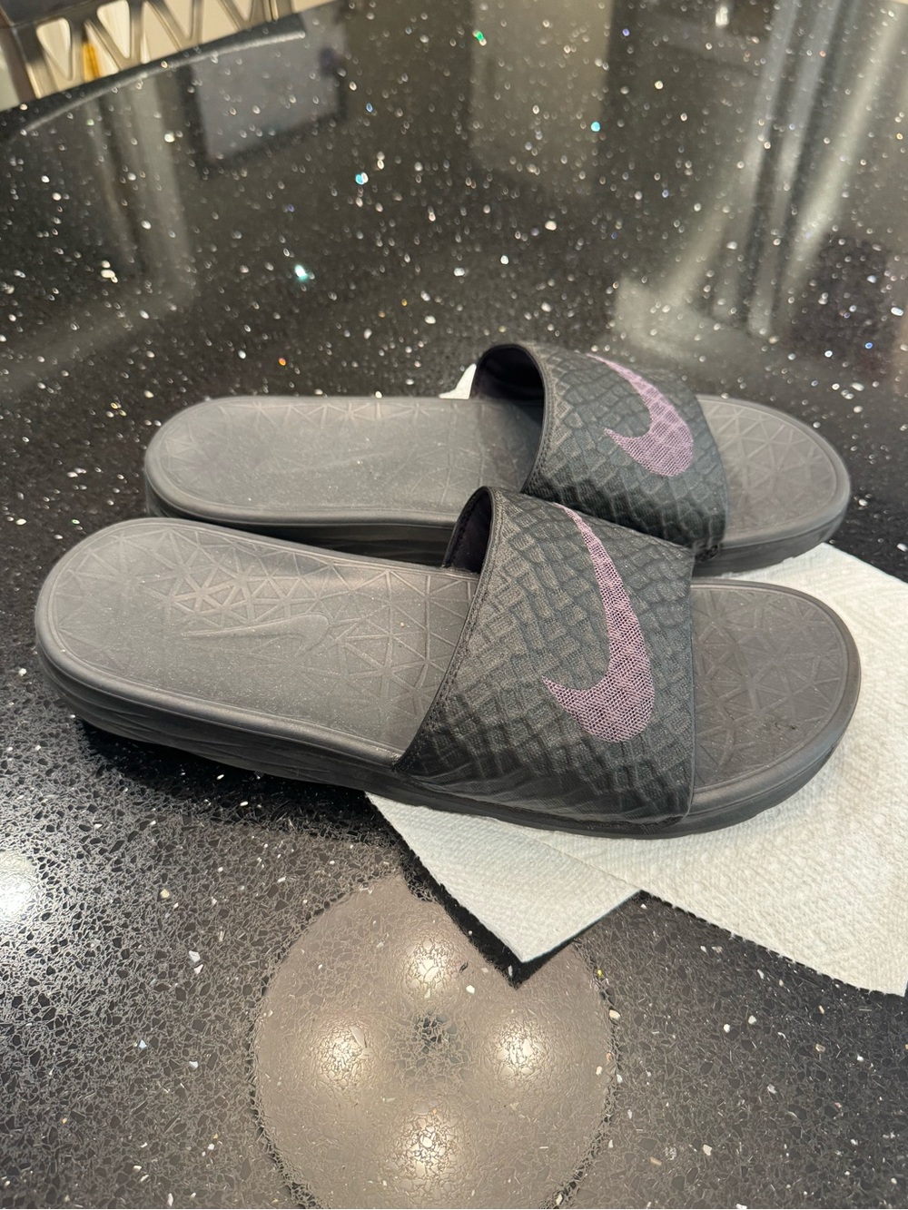 Men’s Nike Black Slides with Purple Swoosh
